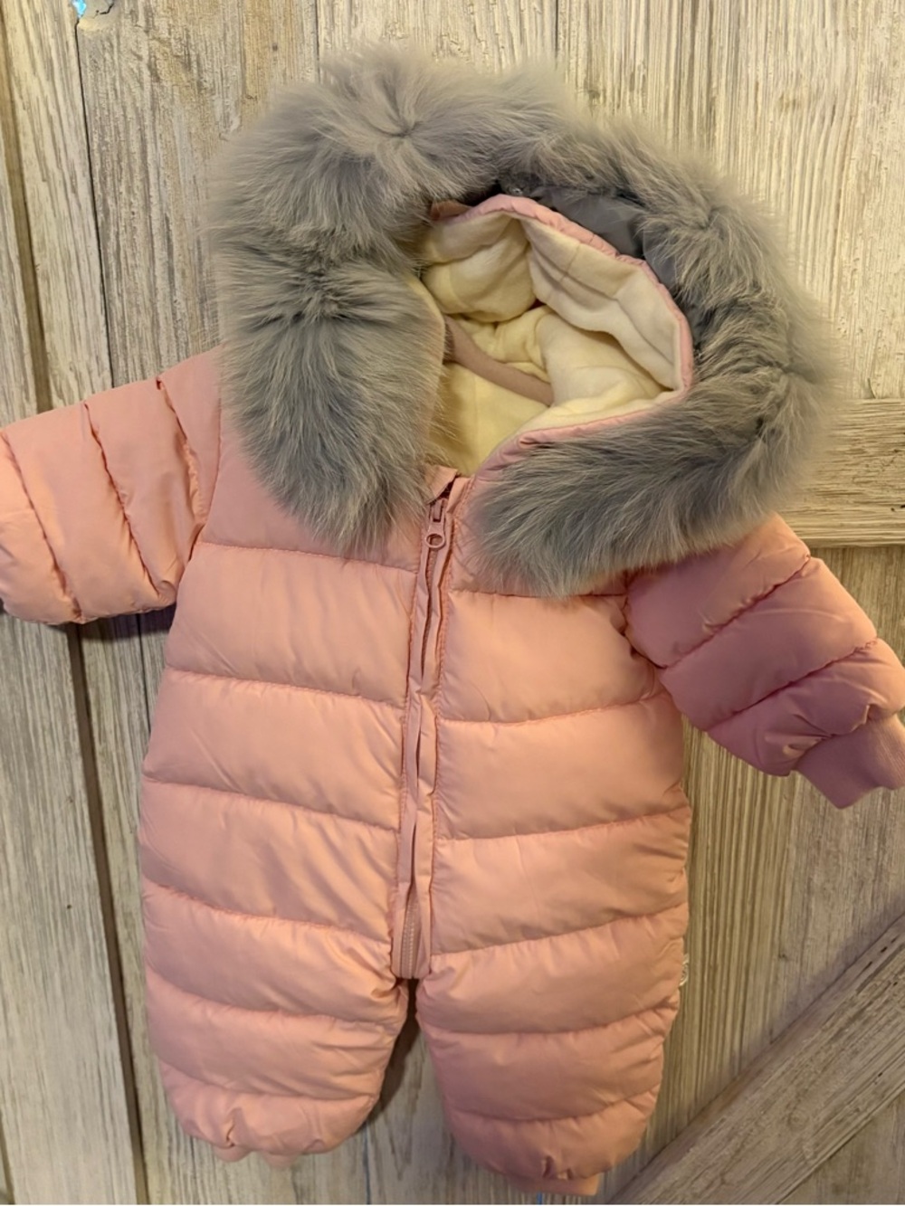 Pink Baby Puff Snowsuit with Gray Faux Fur Hood